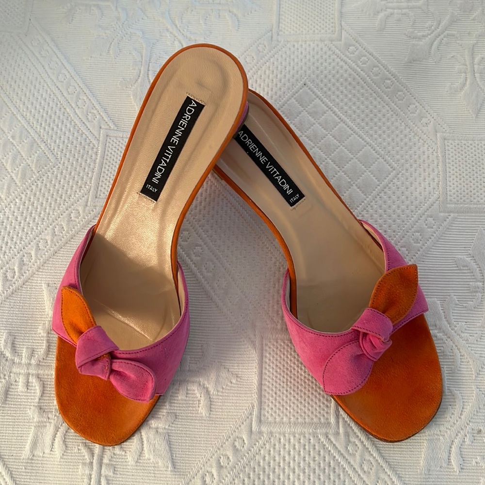 ADRIENNE VITTADINI PINK AND ORANGE SUEDE MULES